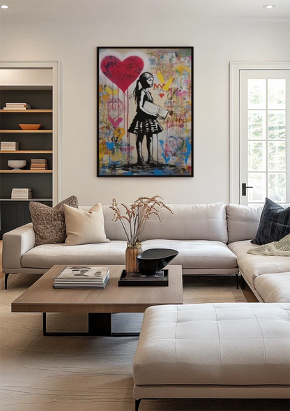 Girl with Red Heart Balloon on Colorful Graffiti Background Painting