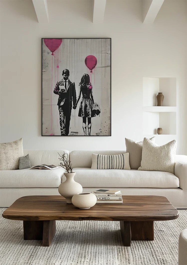 Man and Woman with Pink Balloons Graffiti Street Art Painting