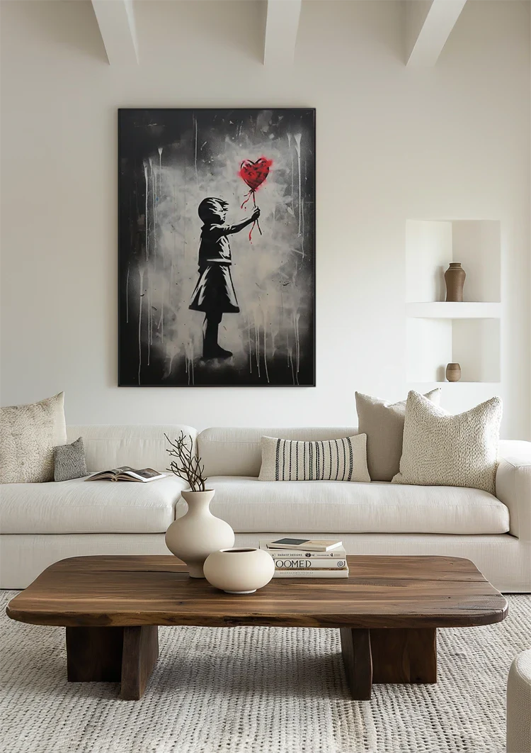 Girl Reaching for Red Heart Balloon Street Art Painting