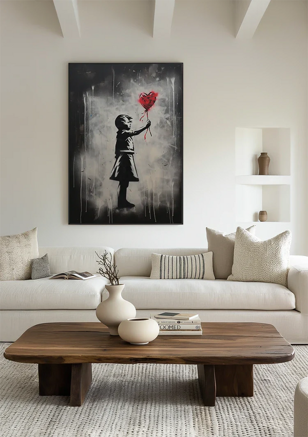 Girl Reaching for Red Heart Balloon Street Art Painting