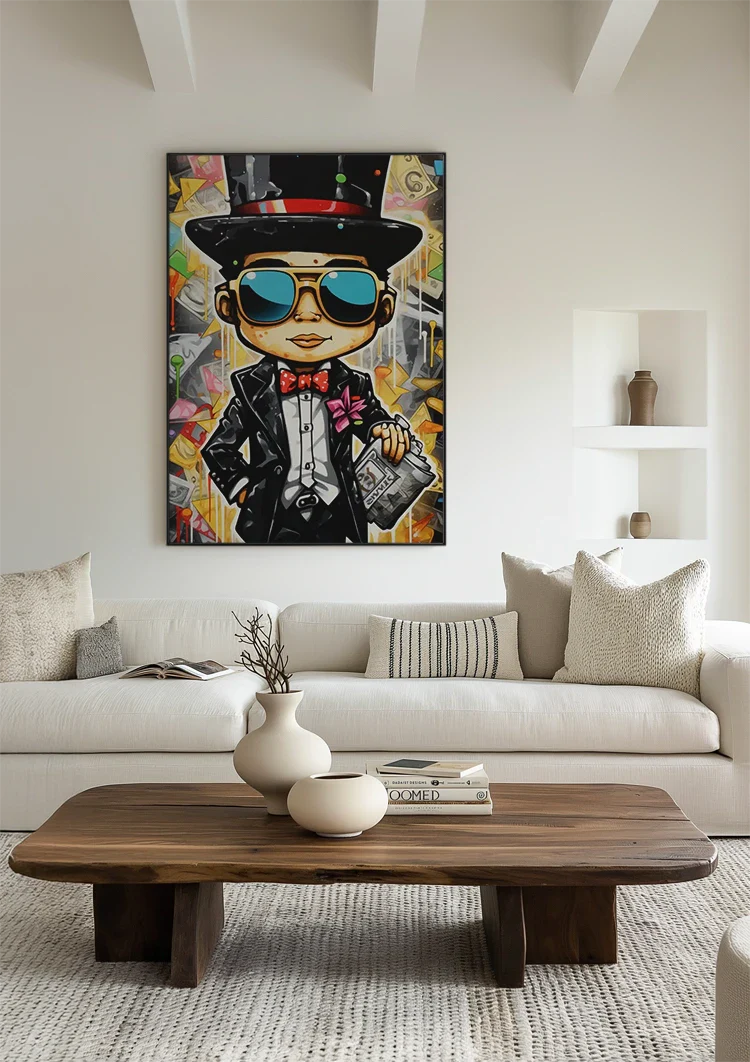 Dapper Man Black Suit Top Hat Sunglasses Newspaper Pop Art Painting