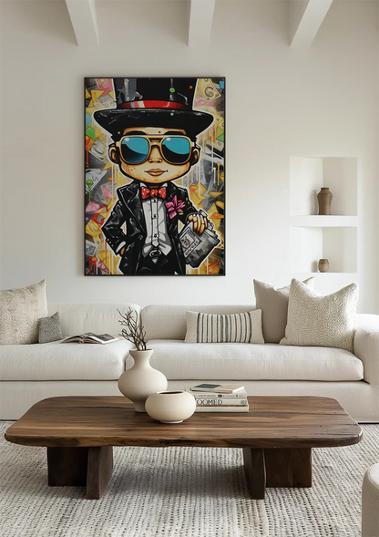 Dapper Man Black Suit Top Hat Sunglasses Newspaper Pop Art Painting