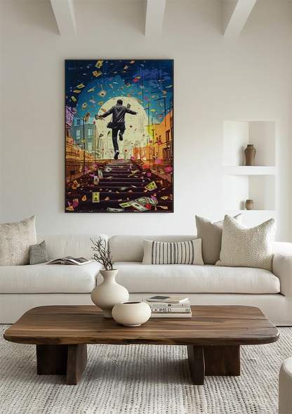 Happy Man Suit Stair Raining Banknotes Pop Art Painting