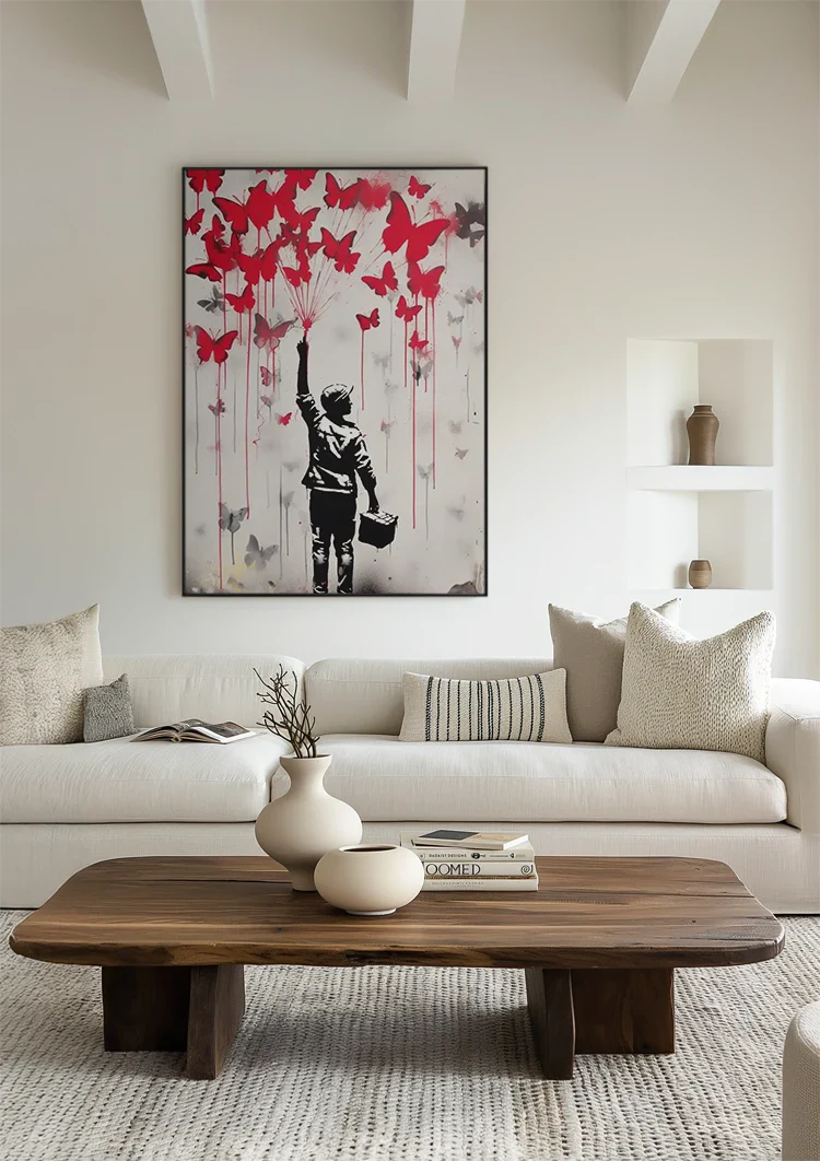 Junge mit roten Schmetterlingen Street Art Silhouettenbild