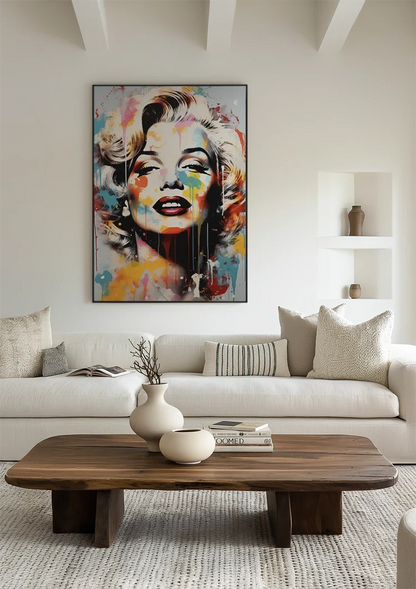 Iconic Woman Portrait Colorful Paint Splatters Pop Art Painting