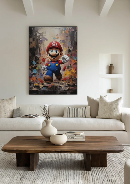 Kleurrijk Retro Gamefiguur Rode Pet Blauwe Overall Schilderij