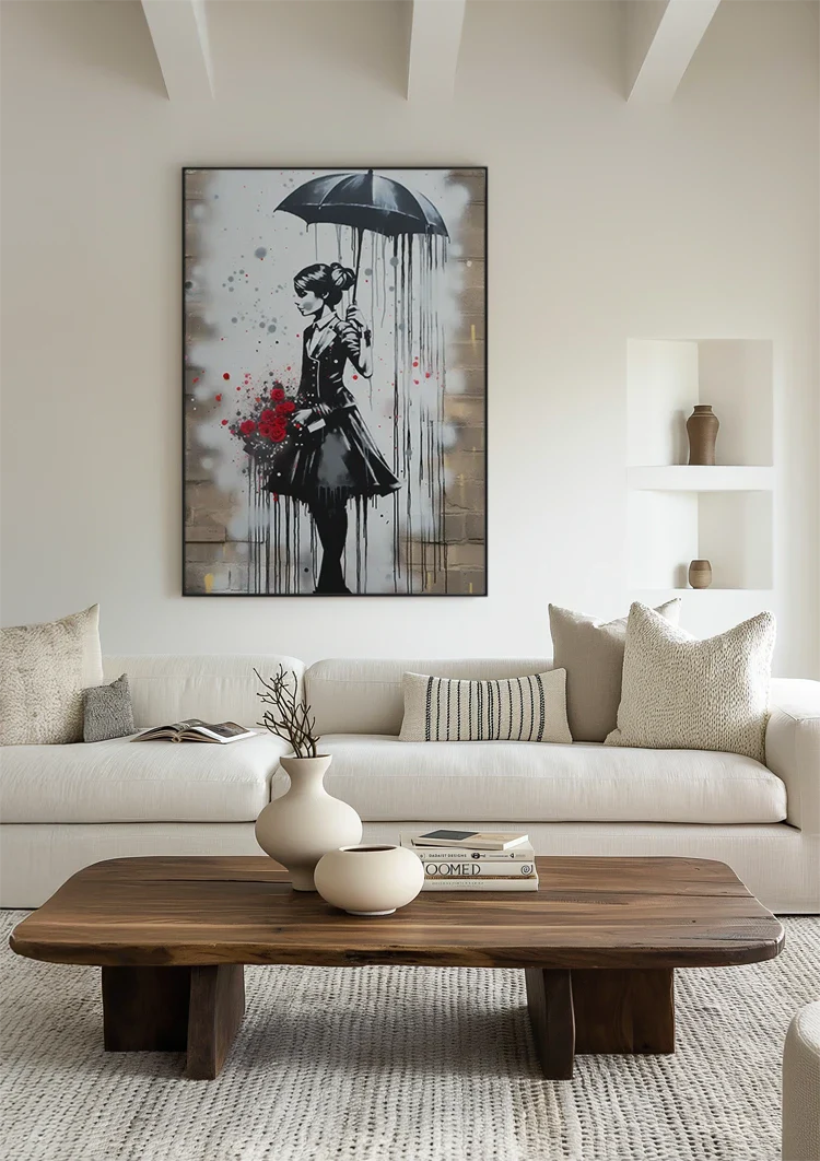 Elegant Lady with Umbrella and Red Roses Painting