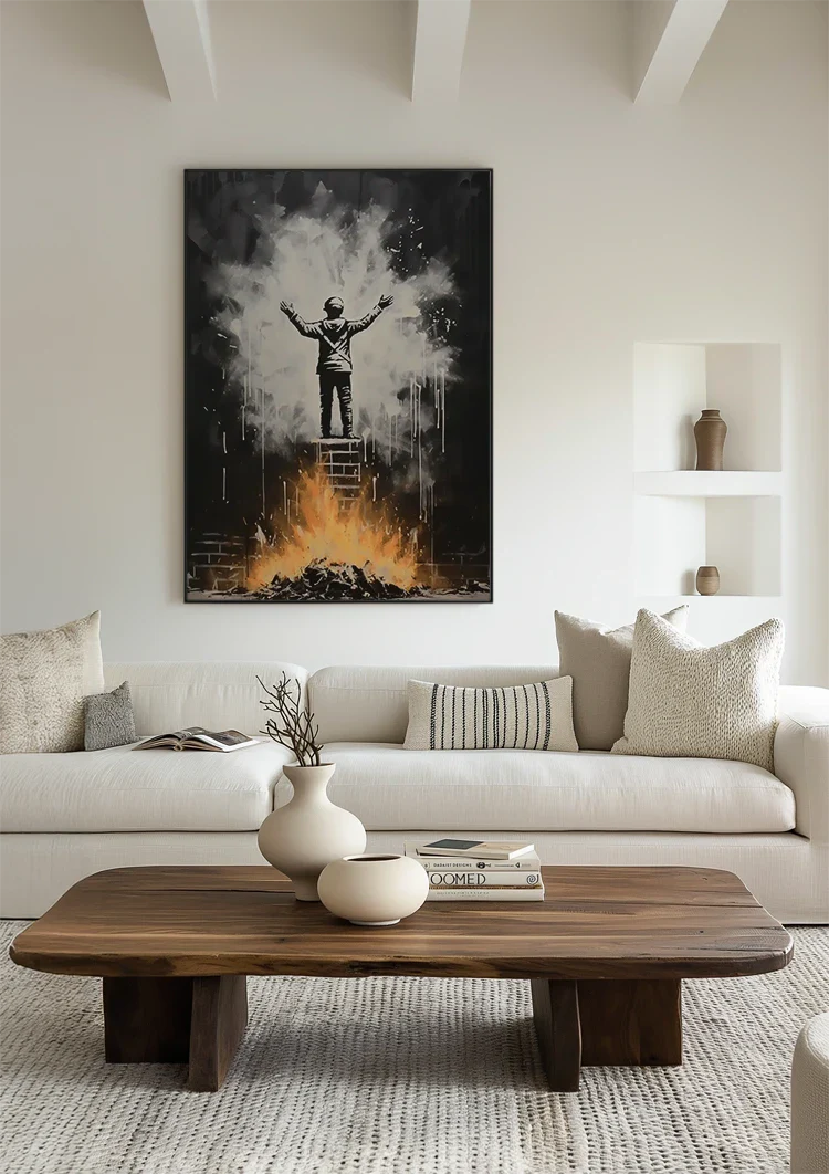 Figure on Ladder with Arms Up Over Flames Street Art Painting
