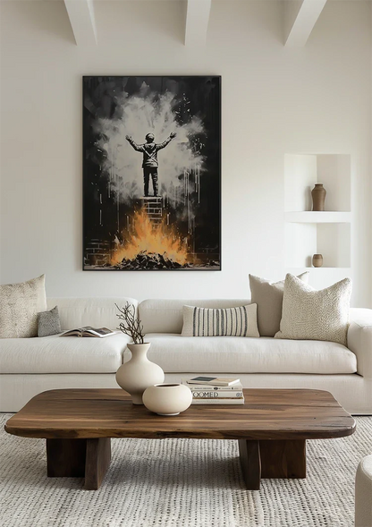 Figure on Ladder with Arms Up Over Flames Street Art Painting