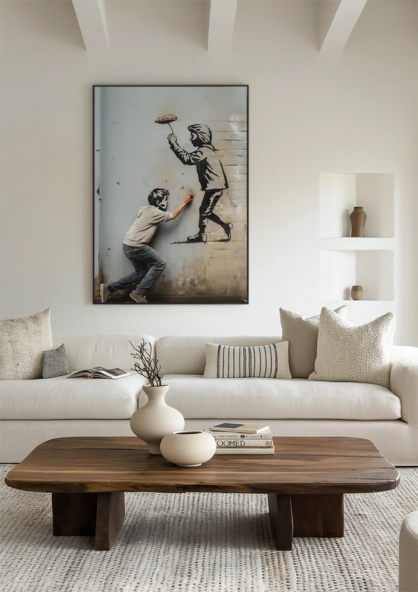 Boy Draws Figure on Wall Street Art Graffiti Painting