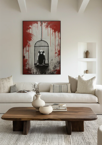 Monkey in Hanging Cage with Red Paint Drips Street Art Painting