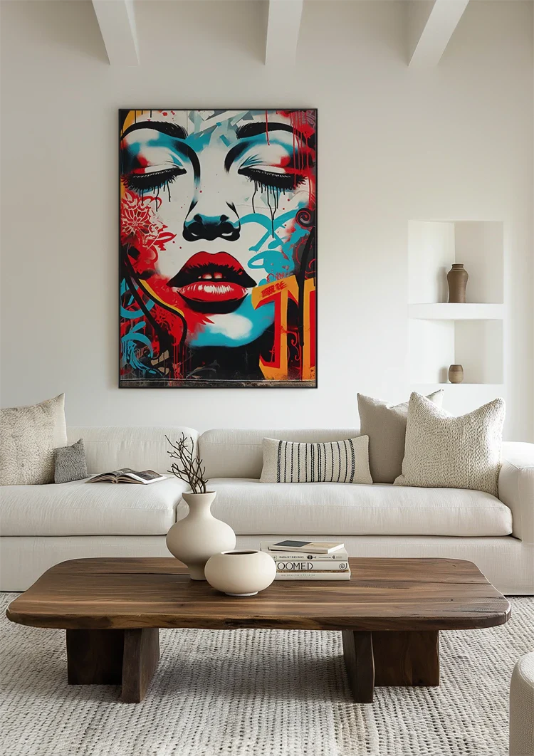 Woman's Face with Red Lips and Blue Tones Pop Art Painting