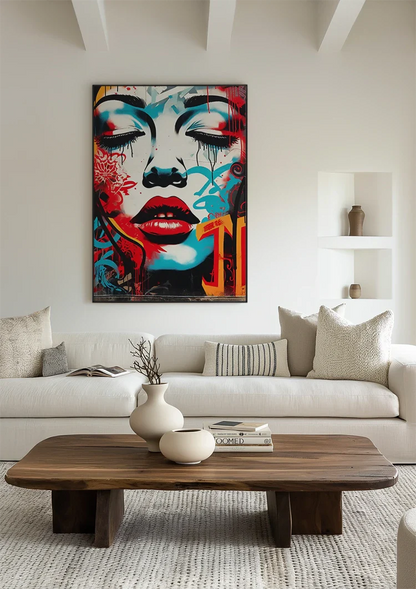 Woman's Face with Red Lips and Blue Tones Pop Art Painting