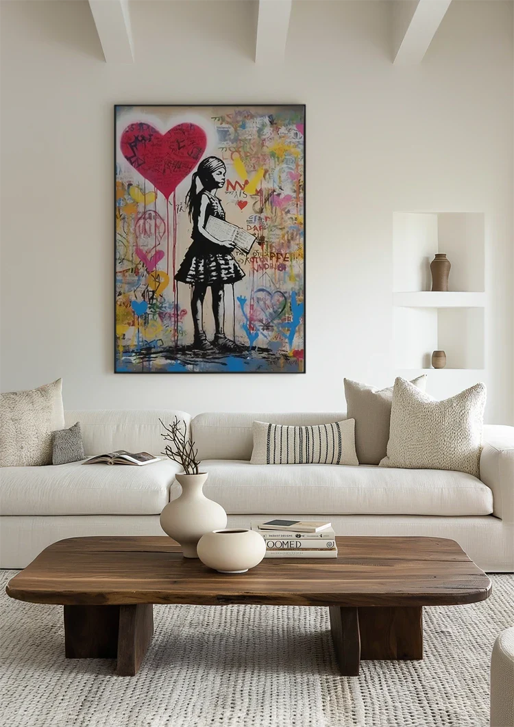 Girl with Red Heart Balloon on Colorful Graffiti Background Painting