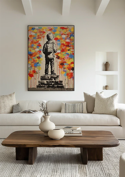 Child With Backpack Colorful Paint Drips Banksy Style Urban Street Art Painting