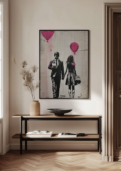Man and Woman with Pink Balloons Graffiti Street Art Painting