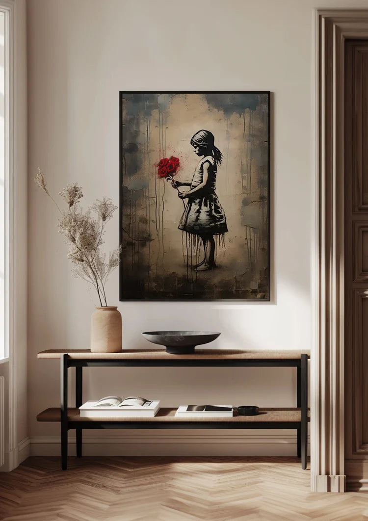 Girl Silhouette with Red Bouquet Street Art Style Painting