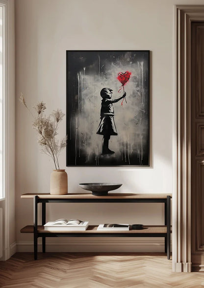 Girl Reaching for Red Heart Balloon Street Art Painting