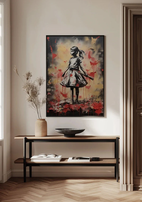 Girl with Red Butterflies Graffiti Street Art Painting