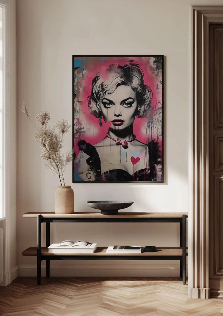 Frauenporträt Blondes Haar Rosa Herz Pop Art Graffiti Gemälde