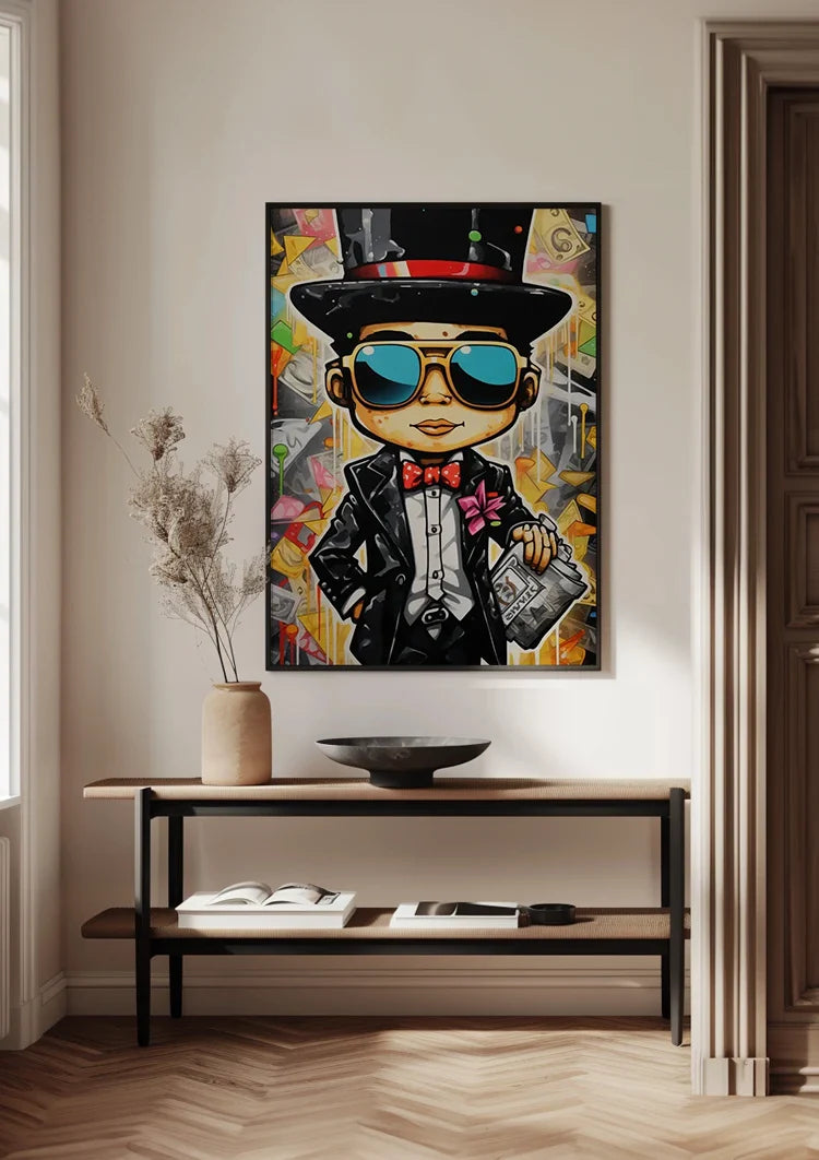 Dapper Man Black Suit Top Hat Sunglasses Newspaper Pop Art Painting