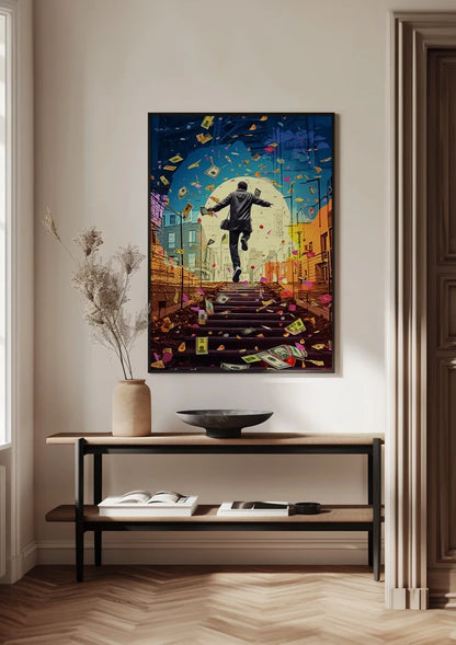 Happy Man Suit Stair Raining Banknotes Pop Art Painting