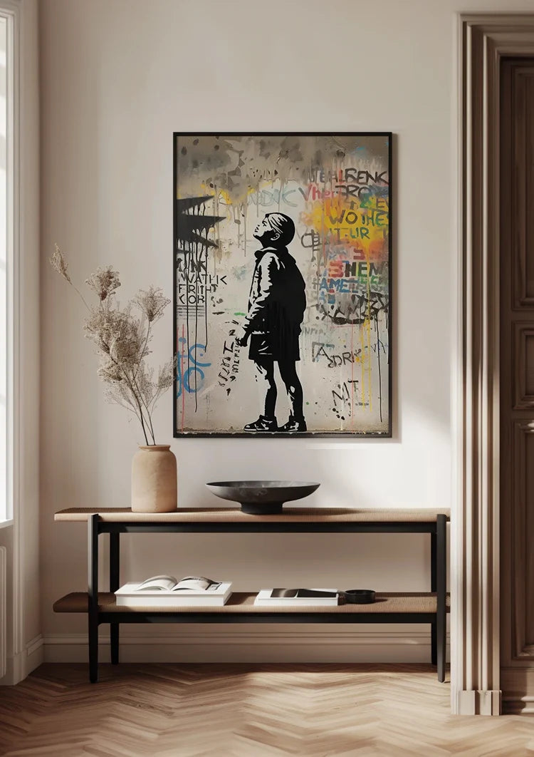 Boy by Graffiti Wall with Colorful Word Painting
