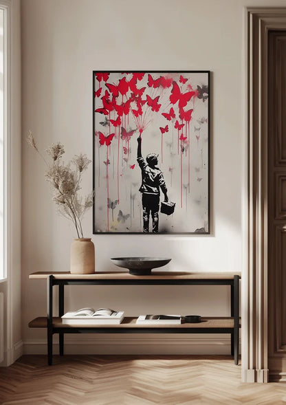 Junge mit roten Schmetterlingen Street Art Silhouettenbild