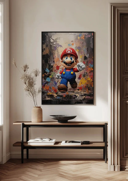 Kleurrijk Retro Gamefiguur Rode Pet Blauwe Overall Schilderij