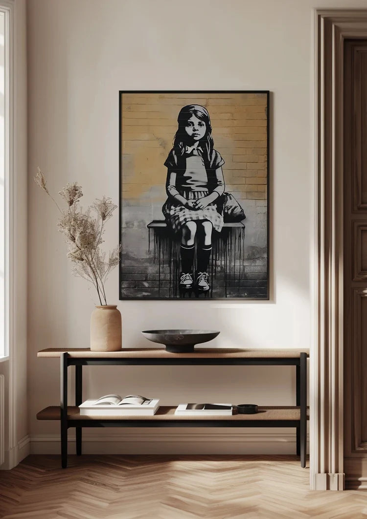 Girl on a Bench Black and White Realistic Painting
