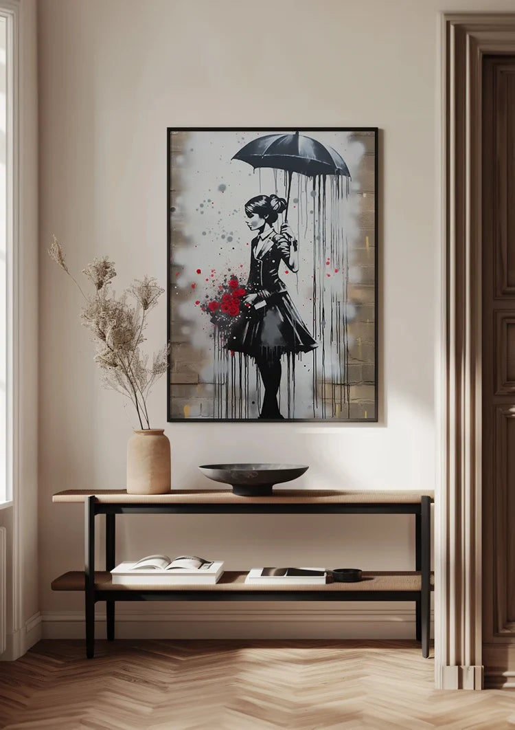 Elegant Lady with Umbrella and Red Roses Painting