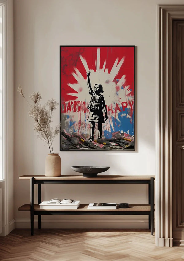 Child with Arm Up Stencil on Red Background Painting