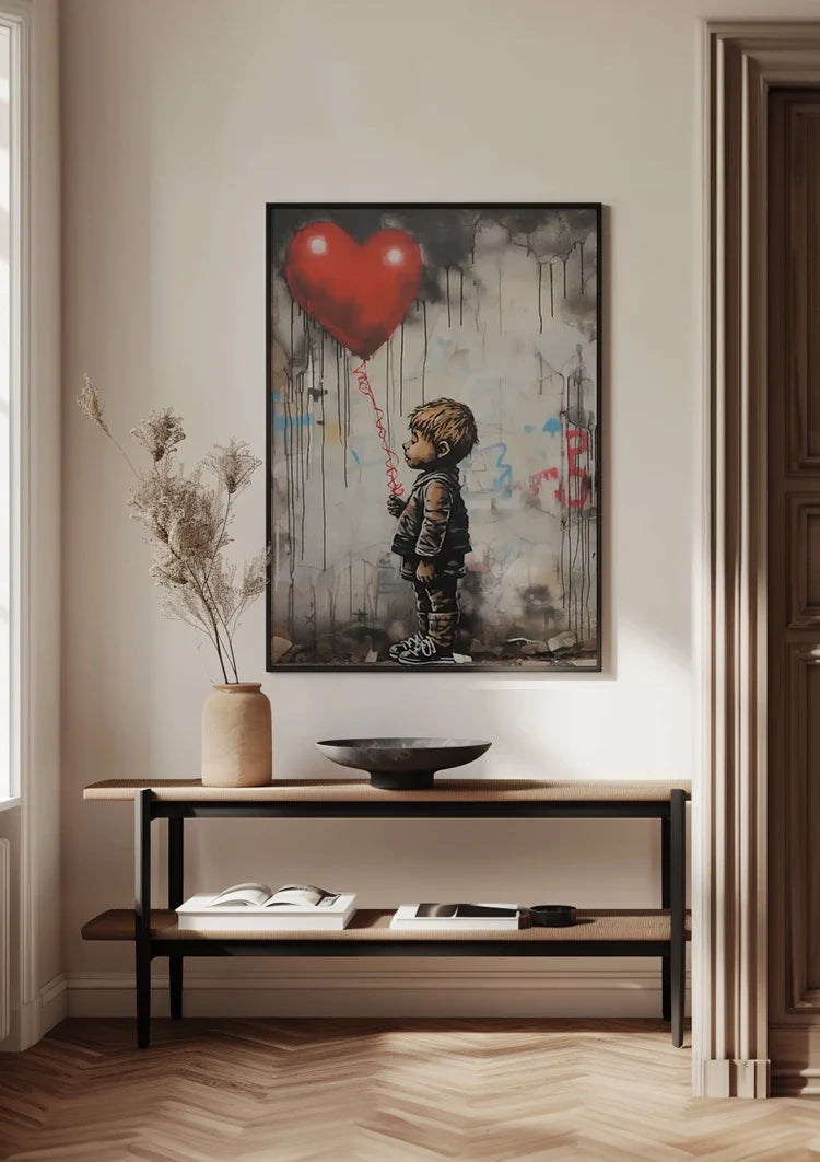 Boy with Red Heart Balloon Banksy Style Realistic Painting