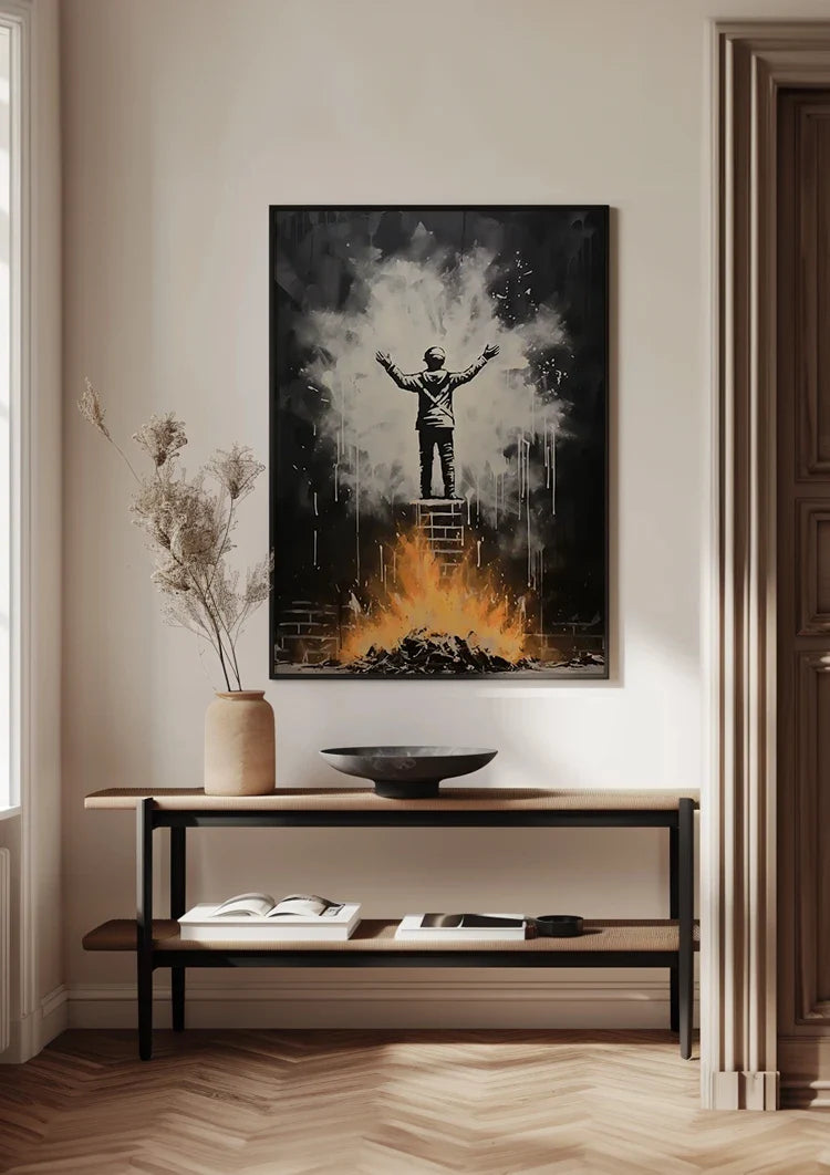 Figure on Ladder with Arms Up Over Flames Street Art Painting