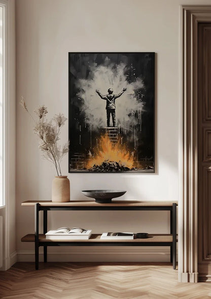 Figure on Ladder with Arms Up Over Flames Street Art Painting