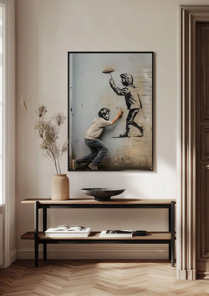 Boy Draws Figure on Wall Street Art Graffiti Painting