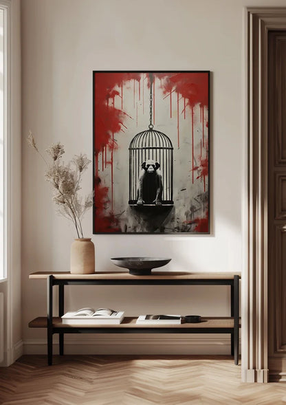 Monkey in Hanging Cage with Red Paint Drips Street Art Painting