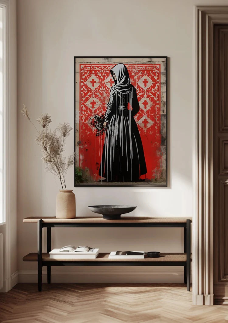 Figuur in Zwarte Mantel met Bloemen op Rode Achtergrond Schilderij