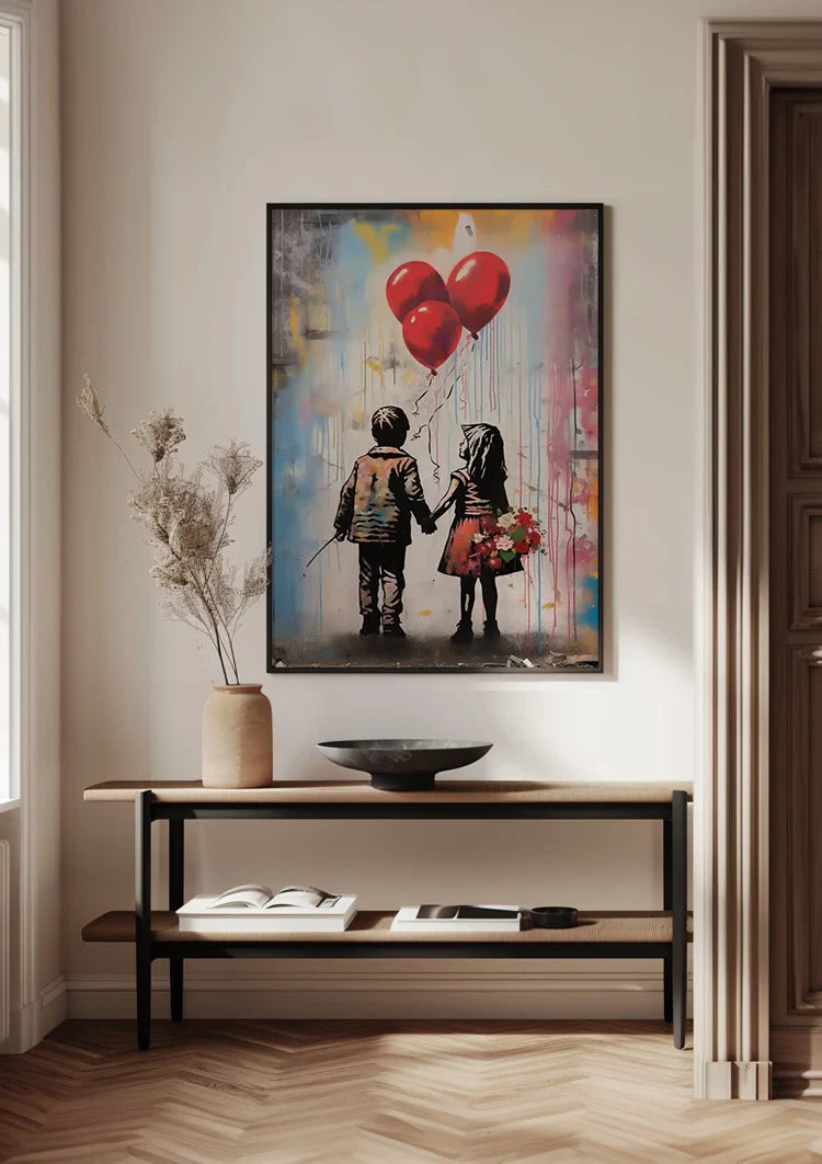 Zwei Kinder Hand in Hand Rote Herzballons Streetart Gemälde