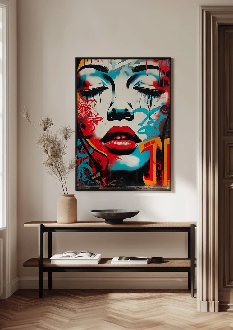 Woman's Face with Red Lips and Blue Tones Pop Art Painting