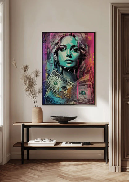 Woman with Dollar Bills Colorful Pop Art Painting