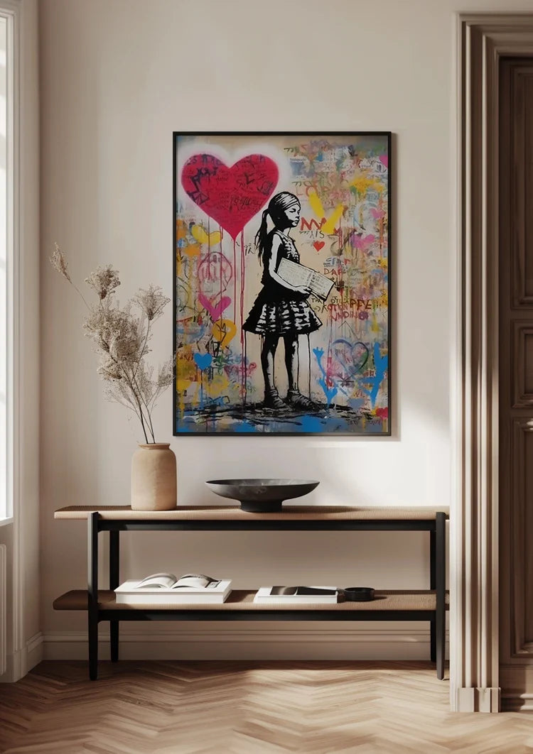 Girl with Red Heart Balloon on Colorful Graffiti Background Painting