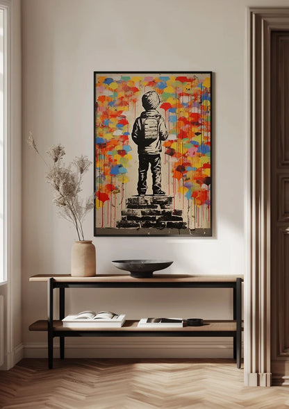 Child With Backpack Colorful Paint Drips Banksy Style Urban Street Art Painting