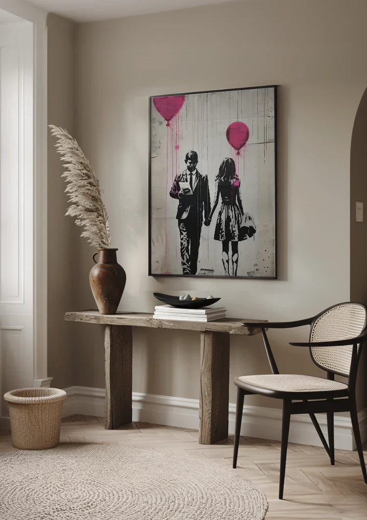 Man and Woman with Pink Balloons Graffiti Street Art Painting