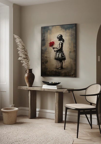 Girl Silhouette with Red Bouquet Street Art Style Painting