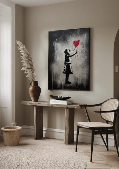 Girl Reaching for Red Heart Balloon Street Art Painting