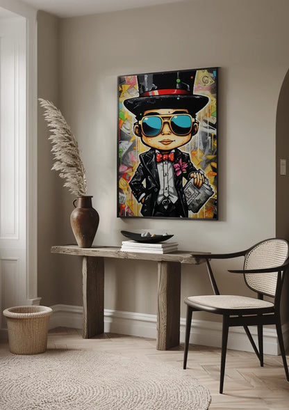 Dapper Man Black Suit Top Hat Sunglasses Newspaper Pop Art Painting