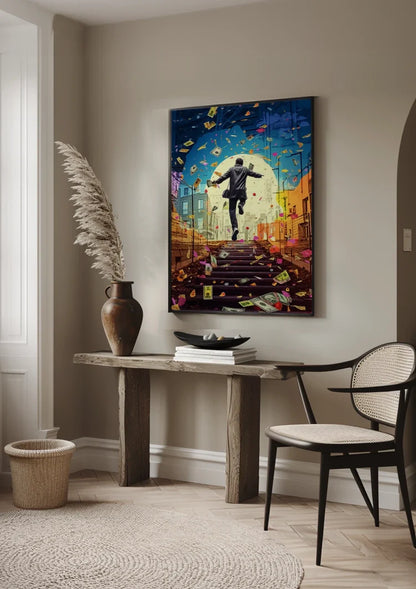 Happy Man Suit Stair Raining Banknotes Pop Art Painting