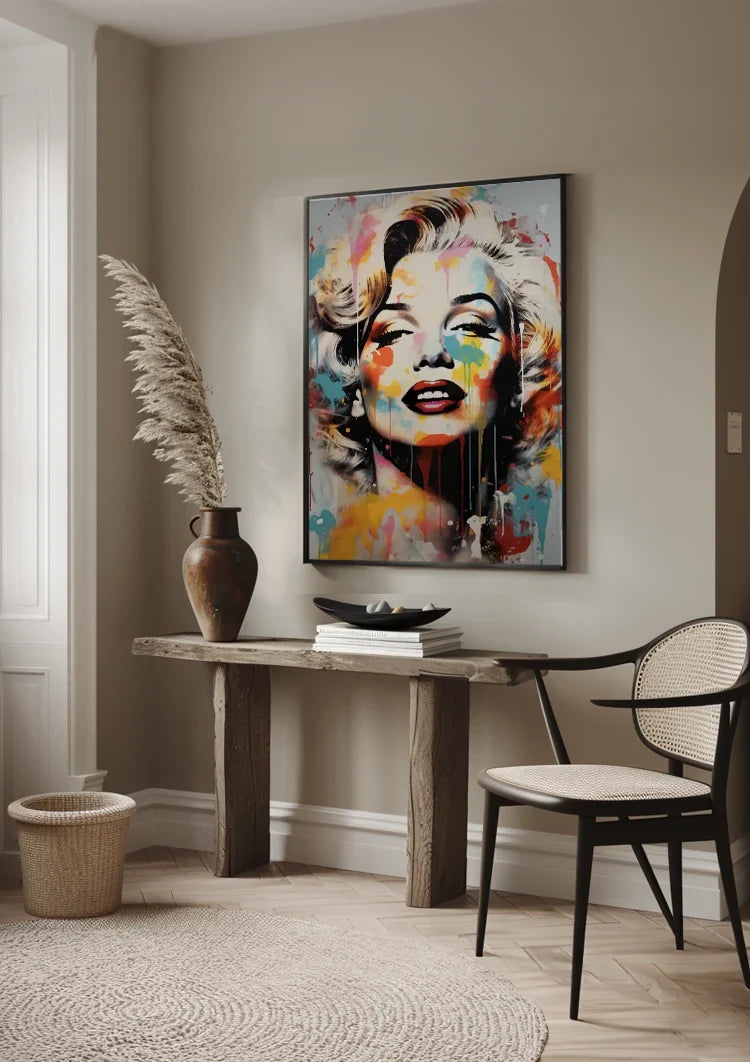 Iconic Woman Portrait Colorful Paint Splatters Pop Art Painting