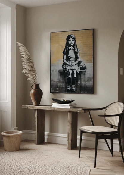 Girl on a Bench Black and White Realistic Painting